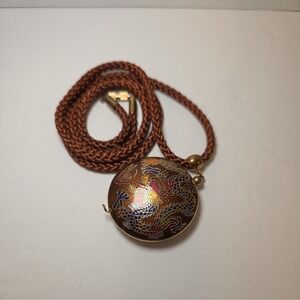 Vintage Enamel Cloisonne Necklace Dragon Pendant Faux Pearl